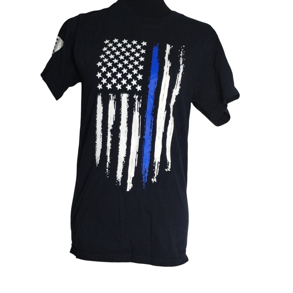 Thin Blue Line American Flag Graphic T-Shirt Black Small Made in USA Mens